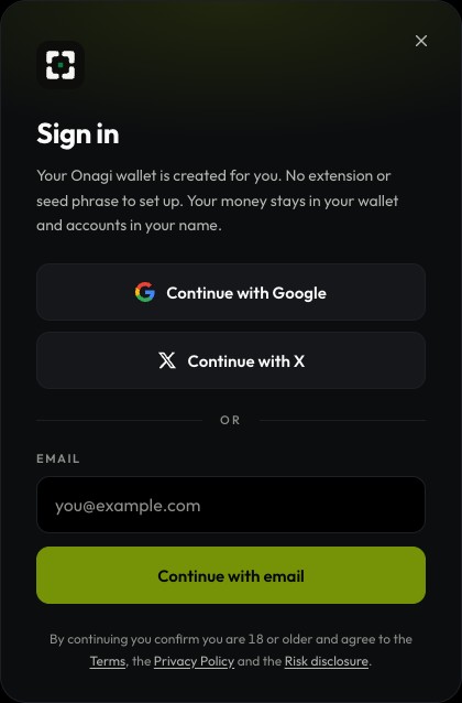 Onagi sign-in options: Google, X and email.